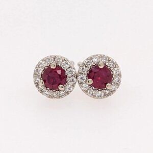 Madagascar Ruby Stud Earrings with Diamond Halo in 14K White Gold